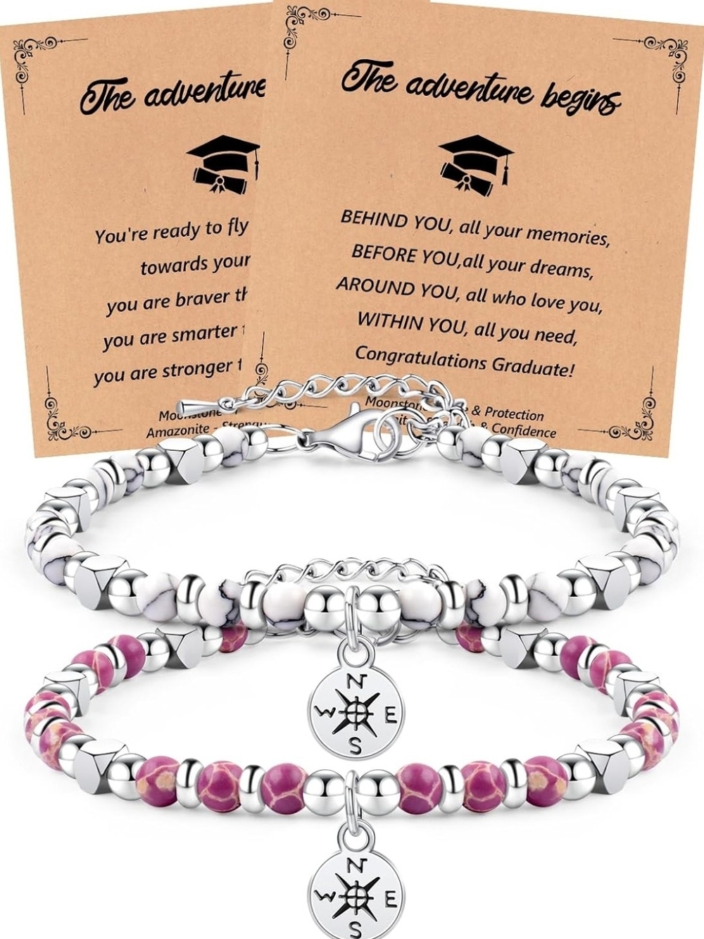 2 Pcs Graduation Compass Beaded Bracelet Set – Silver & Pink